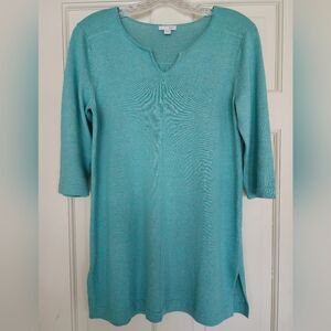 J JILL TUNIC XS AQUA HEATHER BLEND. LINEN, COTTON, ACRYLIC, NICE DETAILS NWOT